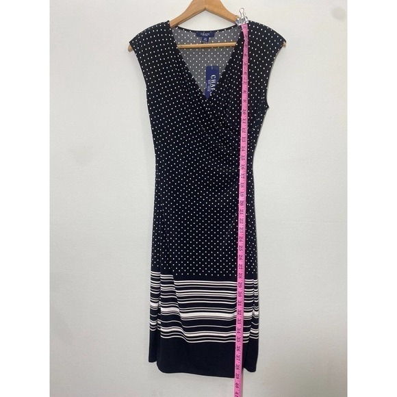 Chaps Black Sleeveless Wrap Dress Polka Dot Stripe V-Neck Bodycon SZ XS - Picture 6 of 9